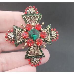Maltese Cross Brooch: Rhinestone & Faux Jewel Christmas Pin